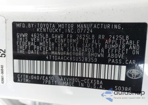 2025 Toyota Camry Se z USA, uszkodzony, nr VIN 4T1DAACK8SU528359